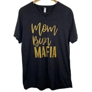 BELLA+CANVAS. WOMEN'S BLACK/GOLD MOM BUN MAFIA FUNNY GRAPHIC T-SHIRT LARGE-EUC